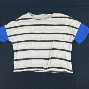 Self E Tshirt Womens Large White Black Striped Blue Sleeves
